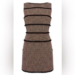 Karen Millen Brown Beige Tweed Dress with Black Contrast Trim